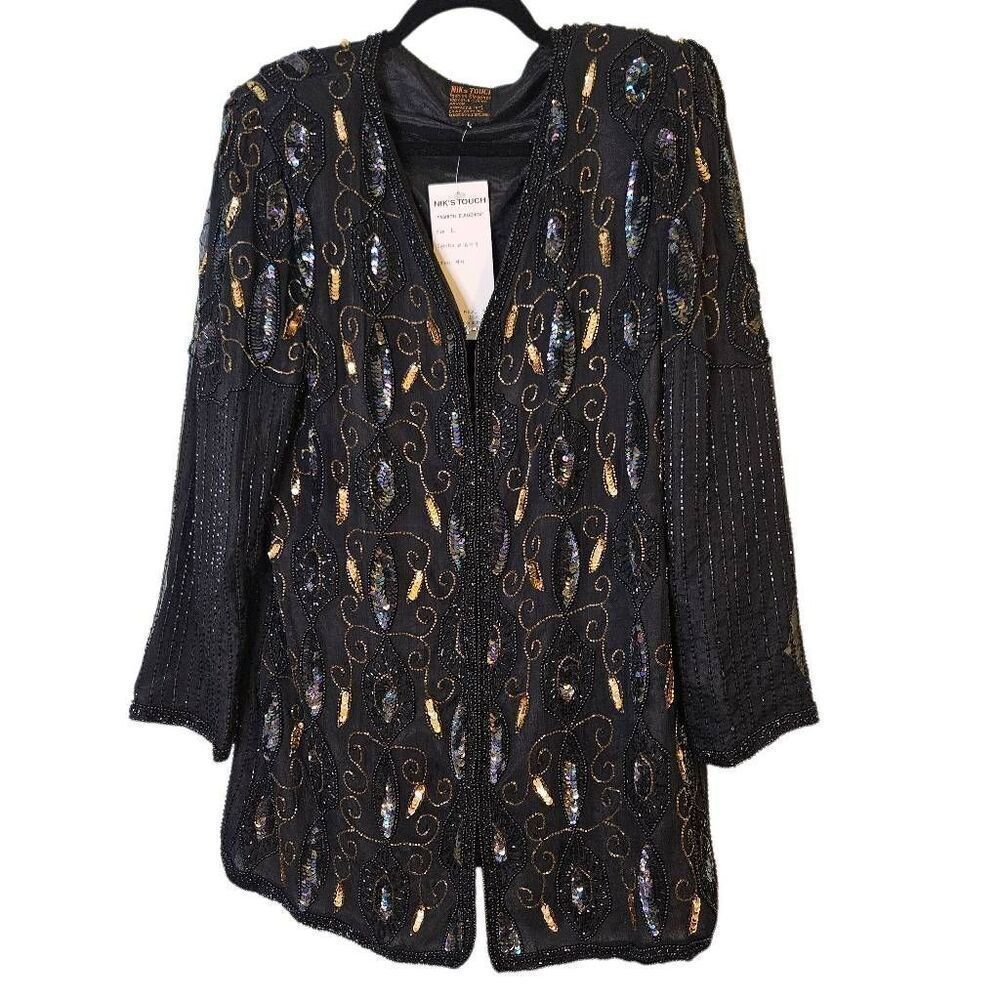 Niks Touch silk sequined & beaded black jacket. Size L. NWT.